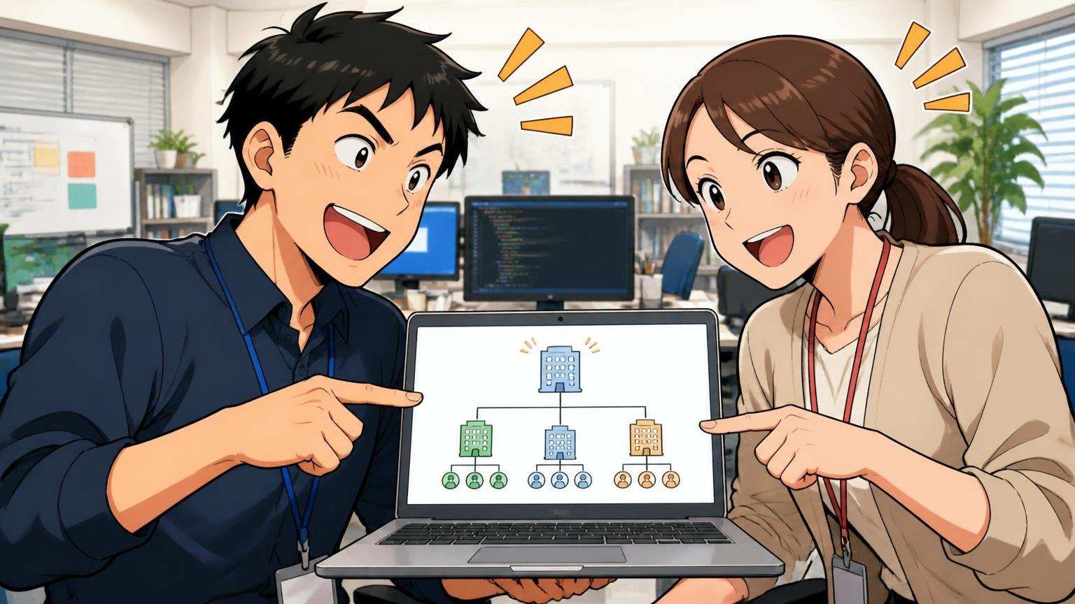 企業のオフィスで30代男性エンジニア1人と30代女性エンジニア1人がグループ会社の関係性を笑顔で確認