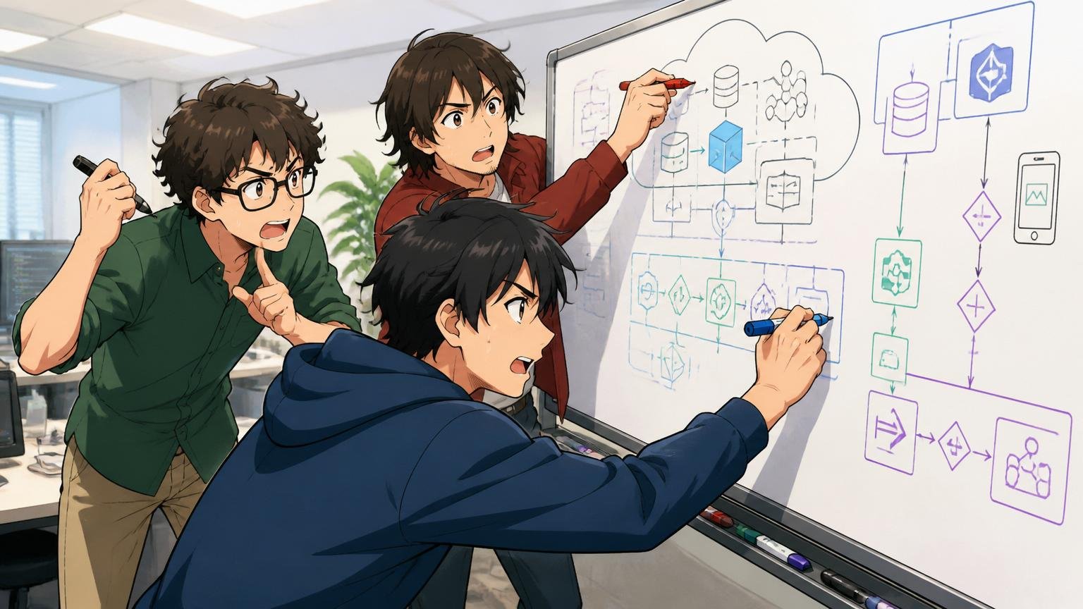 Web系企業のオフィスで、エンジニア3人がMicrosoft AzureとPower Platformの設計画面を真剣な表情でホワイトボードに描く様子