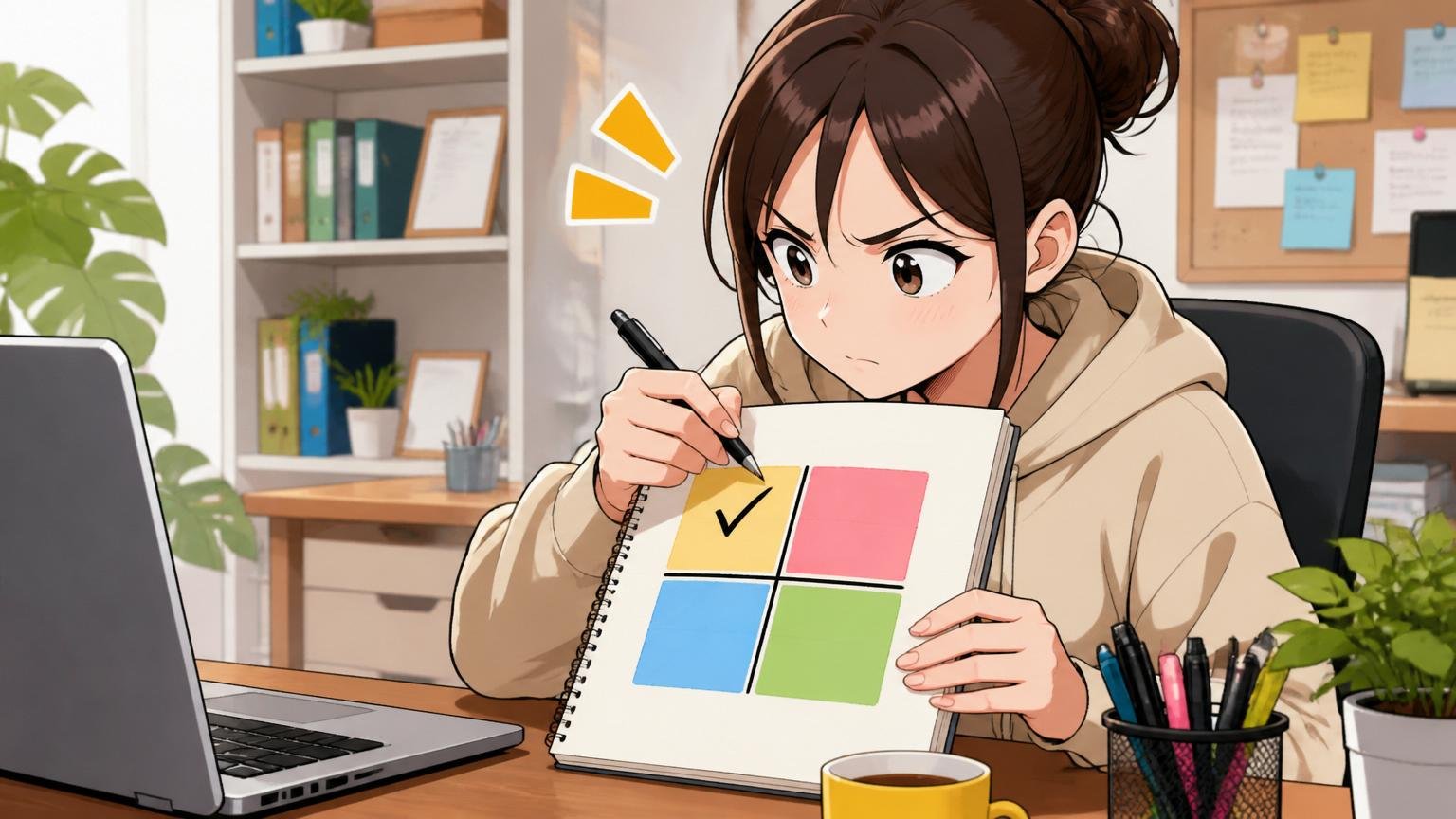 結論を急ぐ前に自分の不安はどの象限か特定する。自宅のデスクで30代女性エンジニアがノートにチェックを書く