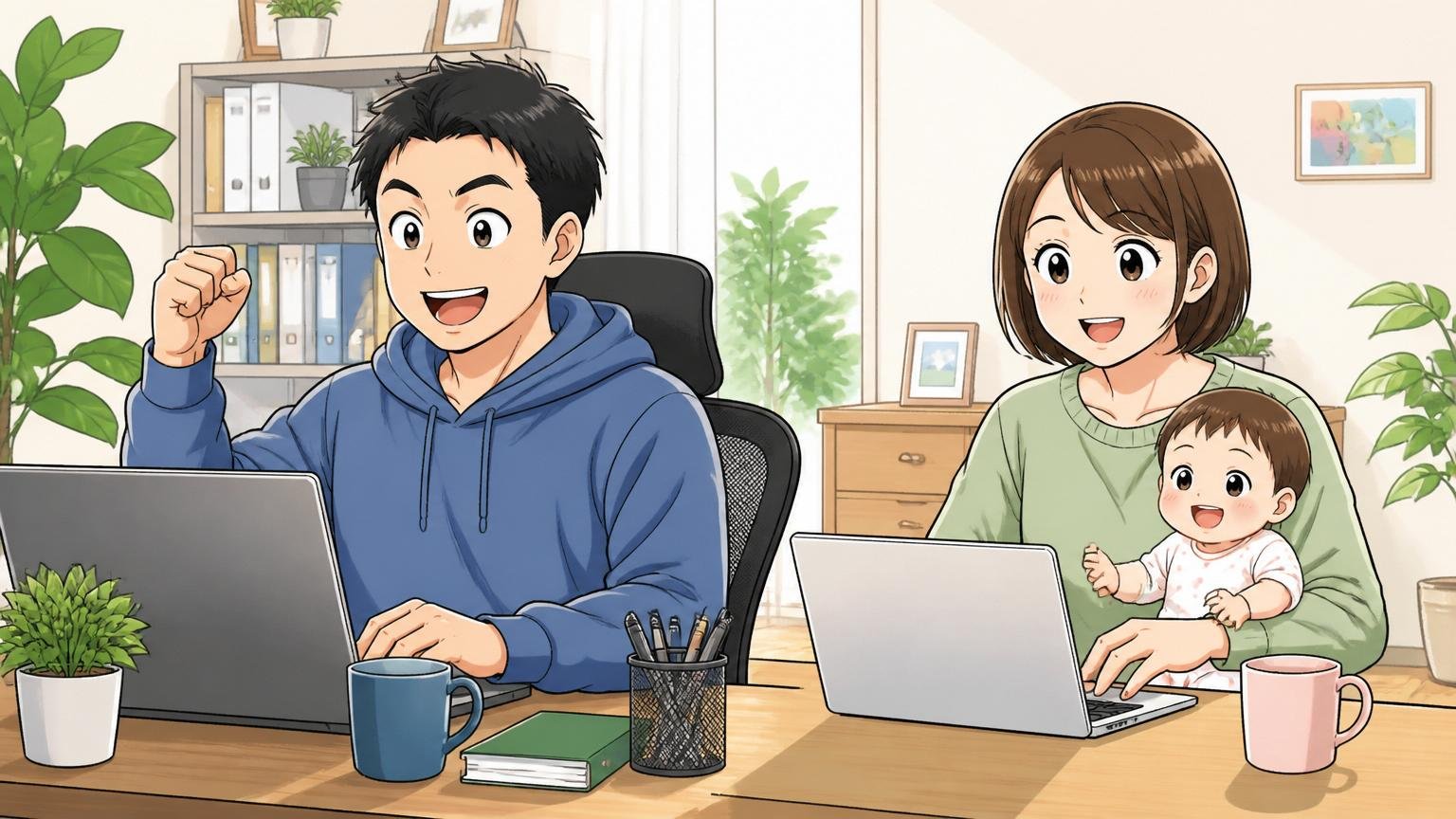 福利厚生・有給取得・テレワーク制度が充実、自宅のデスクで在宅勤務するエンジニアと産休育休から復帰した社員、社員2人、リラックスした表情