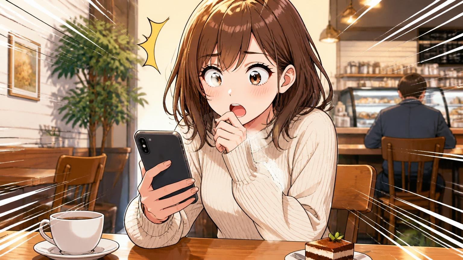 スマホで電子コミックアプリを読む20代女性1名がカフェのテーブルでびっくりした表情を浮かべる