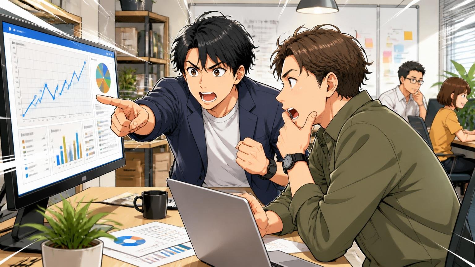マーケティングサービス事業の現場、Web系スタートアップのオフィスで2人がモニターを前に分析データを議論する様子