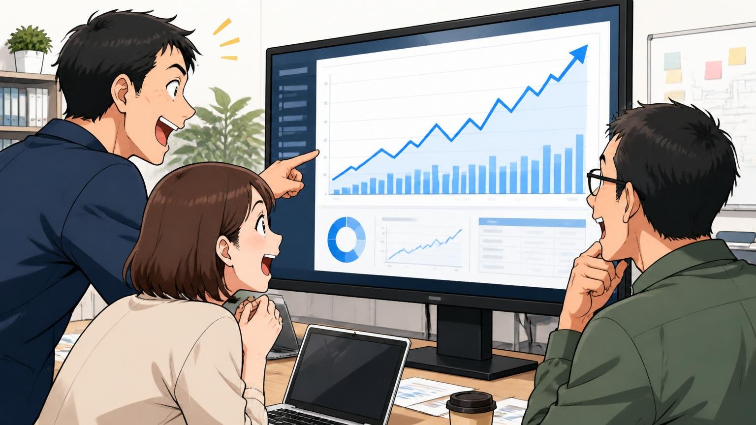 SEOコンテンツマーケ支援の実績・Web系企業のオフィスで30代男女3人が大型モニターのアクセス推移を見ている