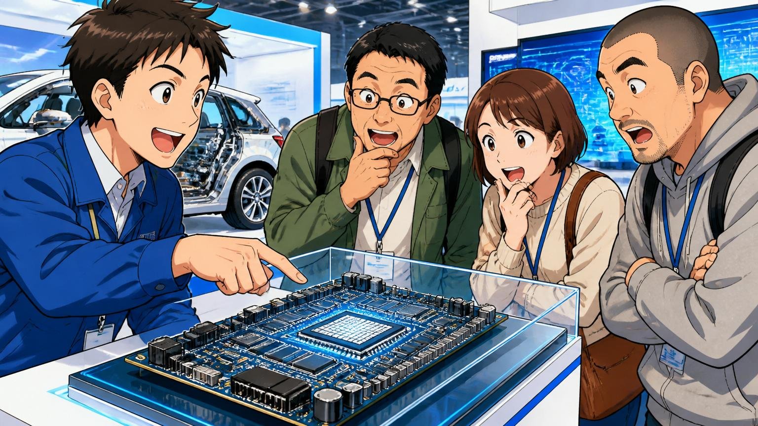 主力技術eMCOSは「商用世界初」のメニーコアRTOS。自動車技術展示会場でメニーコア基板を指差して説明する男性エンジニアと聞き入る3人の来場者