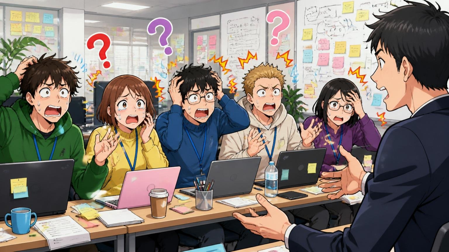 大量採用と組織カオスの連鎖。Web系スタートアップのオフィスで新入社員研修、5人の新人エンジニアが混乱した表情で説明を受ける