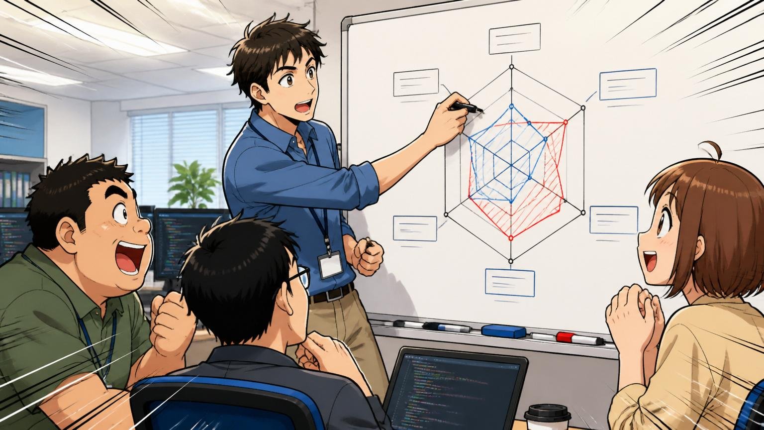 SIerの開発現場でエンジニアが評価項目グラフをホワイトボードに書き出している