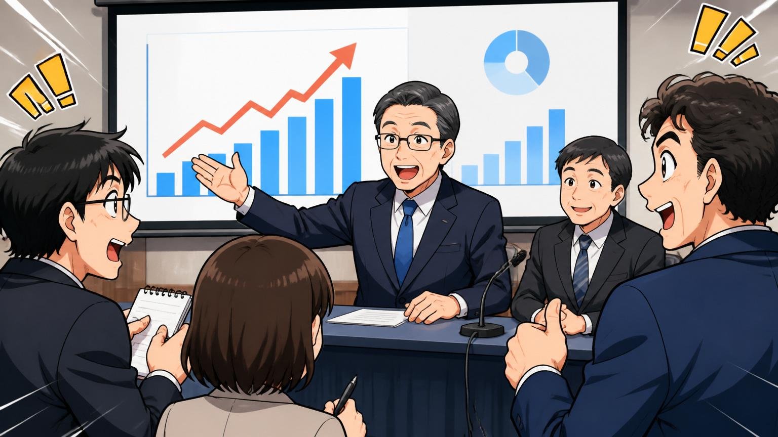 上場企業の決算会場で経営陣が増収増益のスライドを背に説明し記者と投資家2人が頷いている