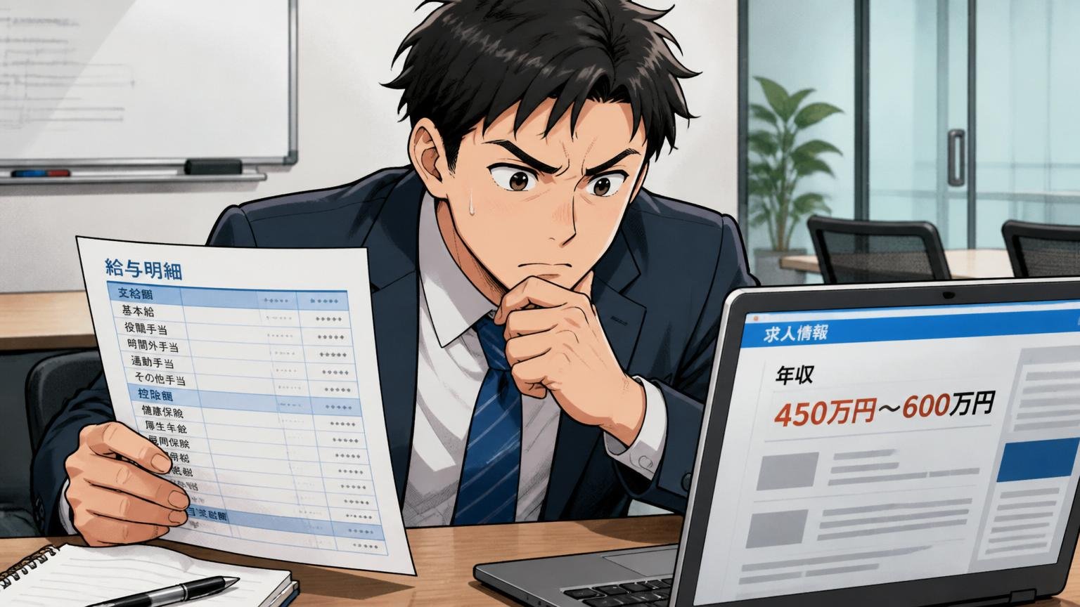 企業の会議室で給与明細と求人サイトの年収欄を見比べて考え込む30代社員1人、真剣な表情