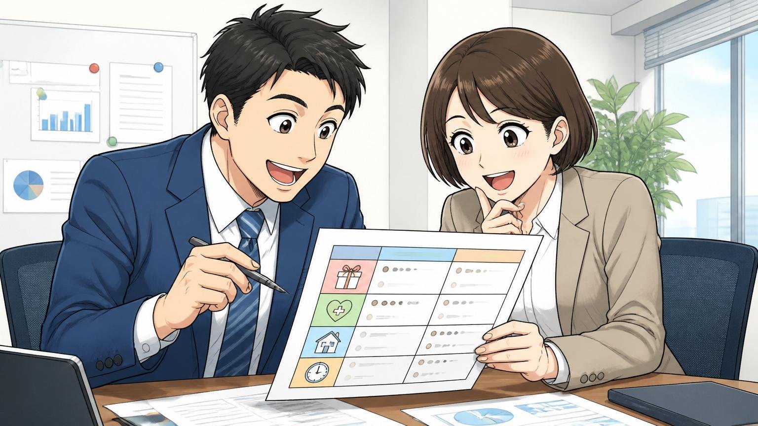 基本給より賞与・福利厚生・働き方の総額で見る、企業の会議室で男女2人の社員が手当の一覧表を確認する、納得した表情