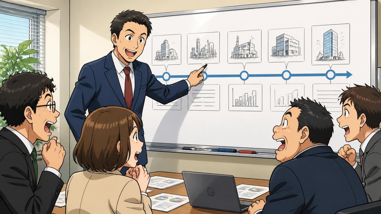 会社の沿革を振り返る。企業の会議室でホワイトボードの前に立つ40代男性社員1人が年表を指し示し説明する