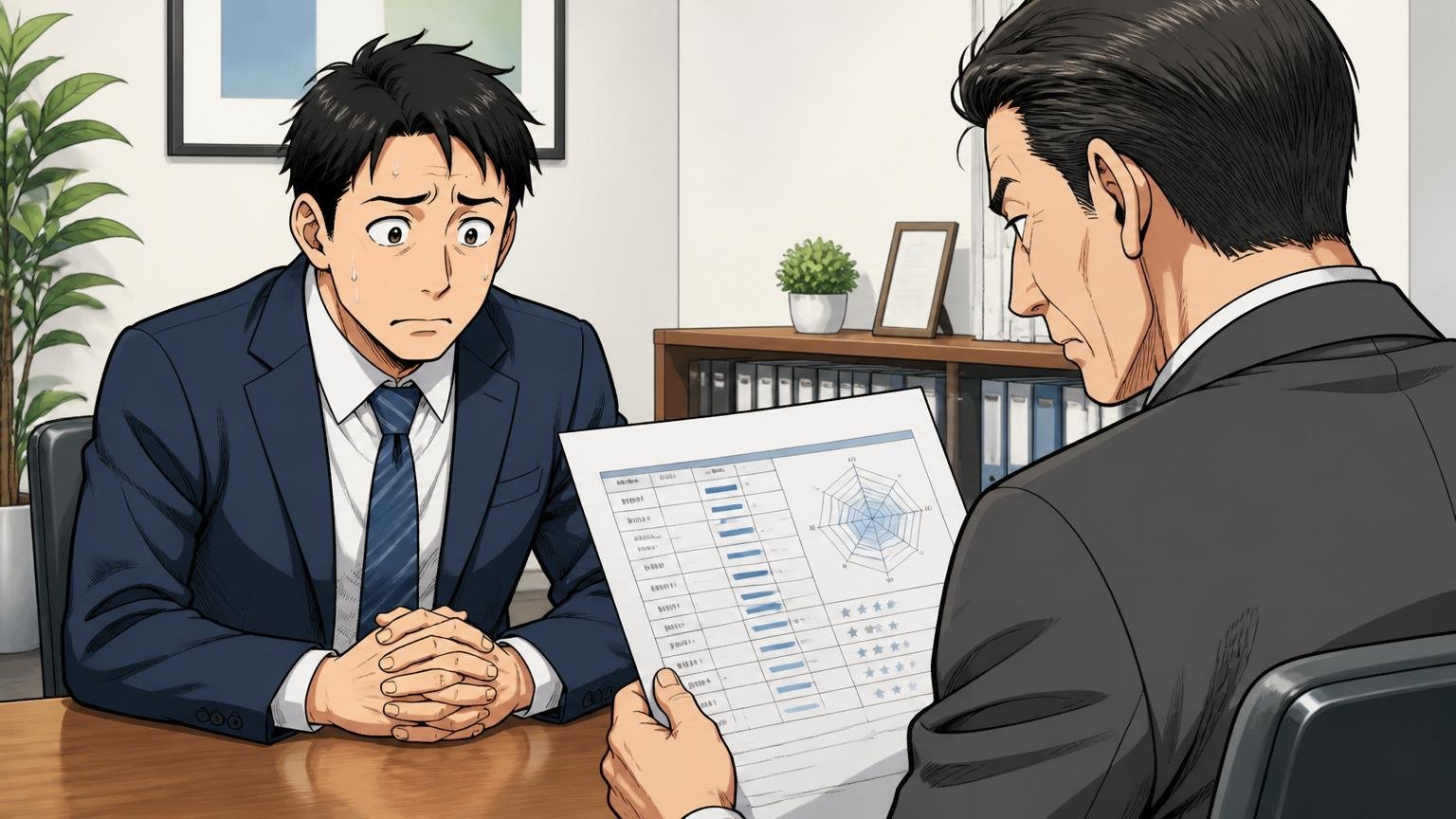 大企業の人事面談室で査定面談を受ける30代男性社員と評価表を見る40代男性上司