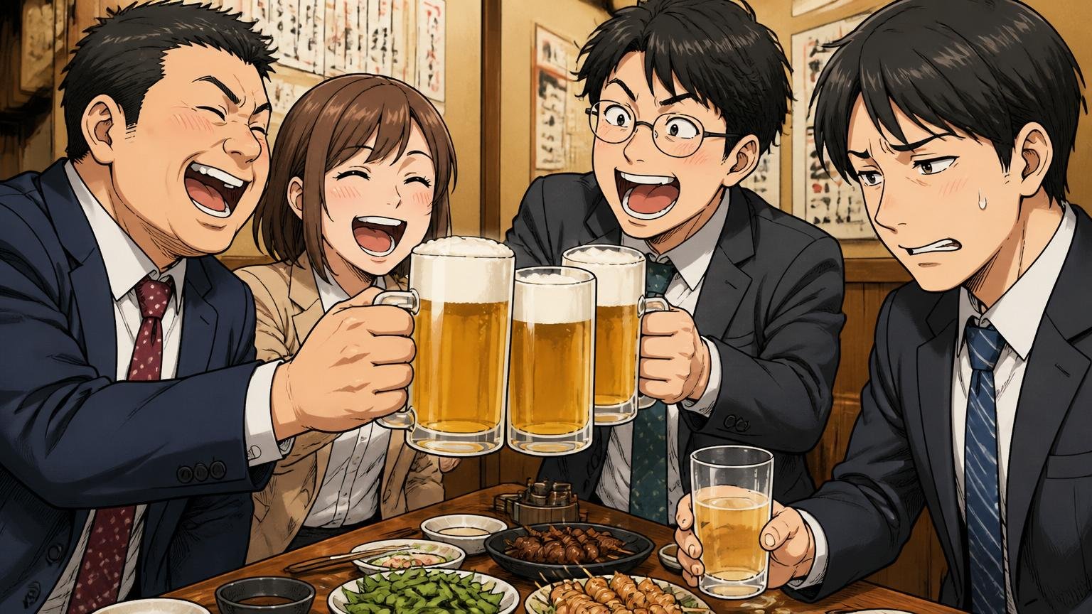KPIに飲み会必須など営業文化への違和感。居酒屋で営業チームの男女が乾杯するが1人だけ浮かない表情で苦笑い