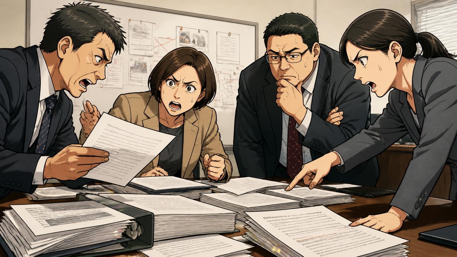 会議室で訴訟の資料を前に話し合う関係者。オフィスの会議室で男女4人が険しい表情で書類を囲んでいる