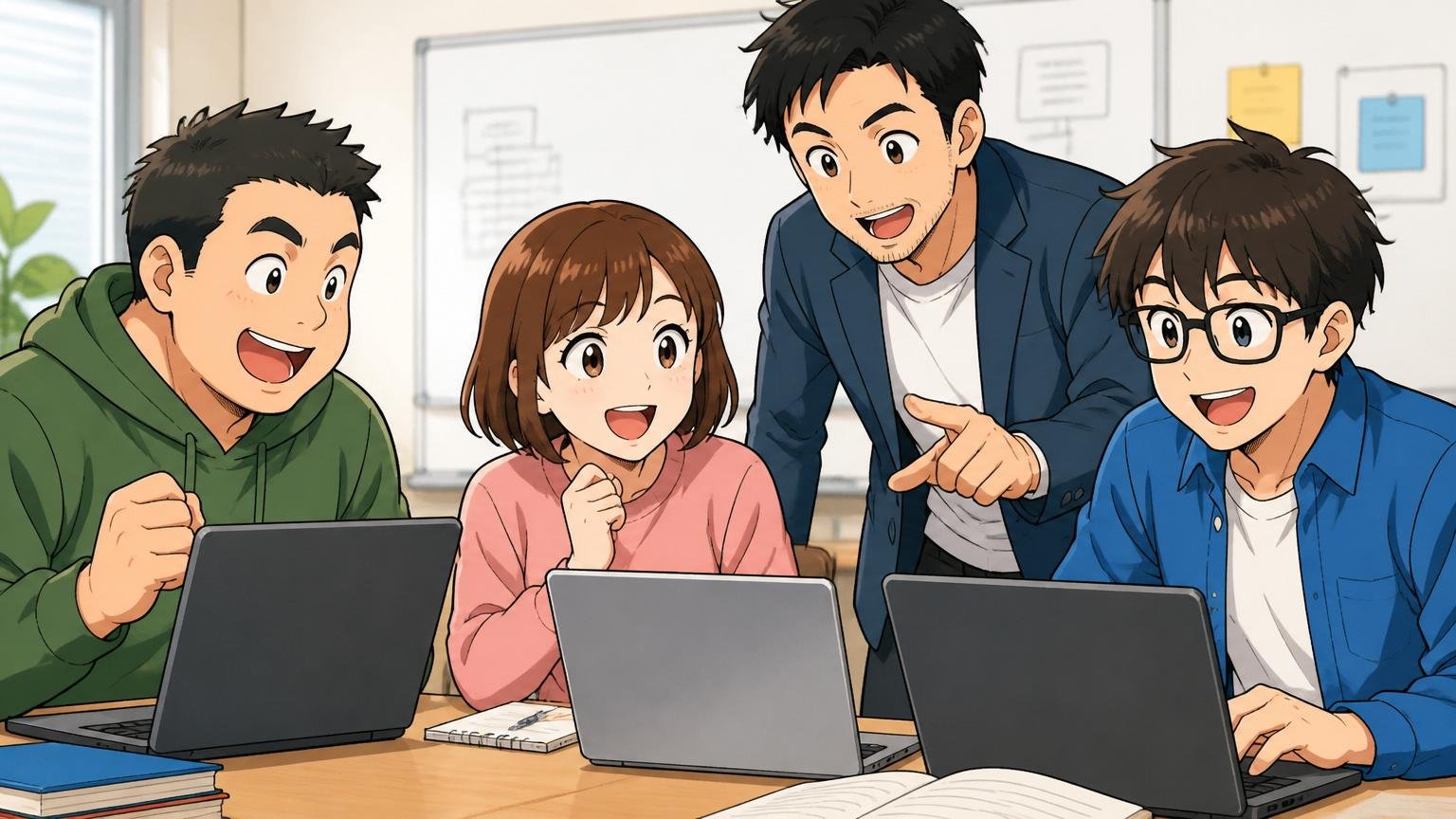 ITスクールで学ぶ未経験者たち|研修ルームでノートPCに向かう受講生3人と講師1人が和やかに学ぶ