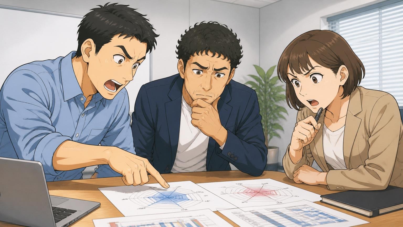 OpenWorkで見える強みと弱み|オフィスの会議室|社員3人|評価グラフを見て真剣に話し合う表情