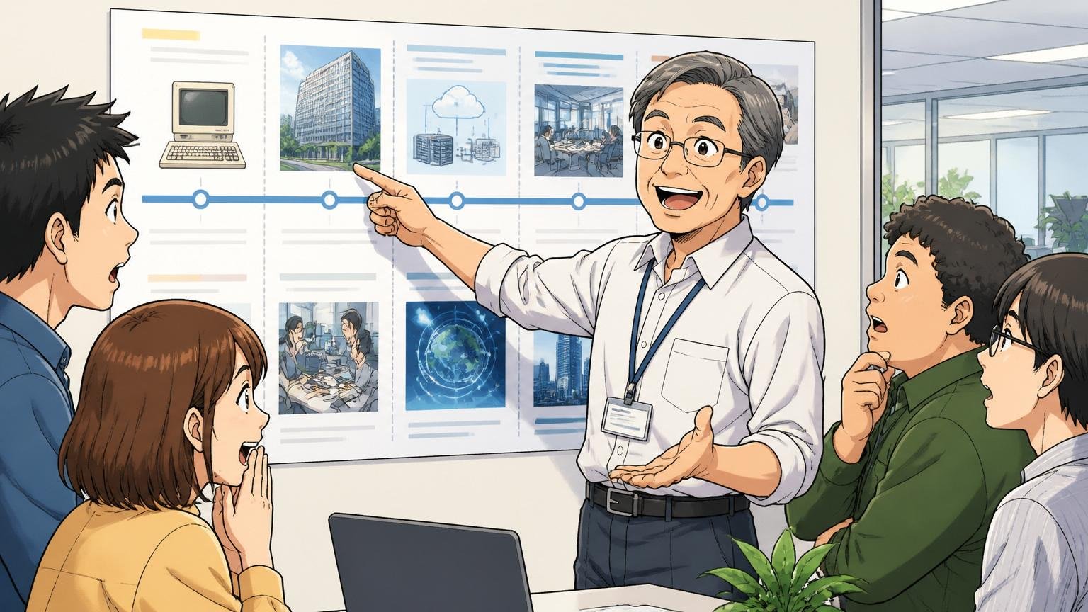 会社の沿革年表を指し示すベテラン社員。IT企業のオフィスで落ち着いて歴史を語る場面