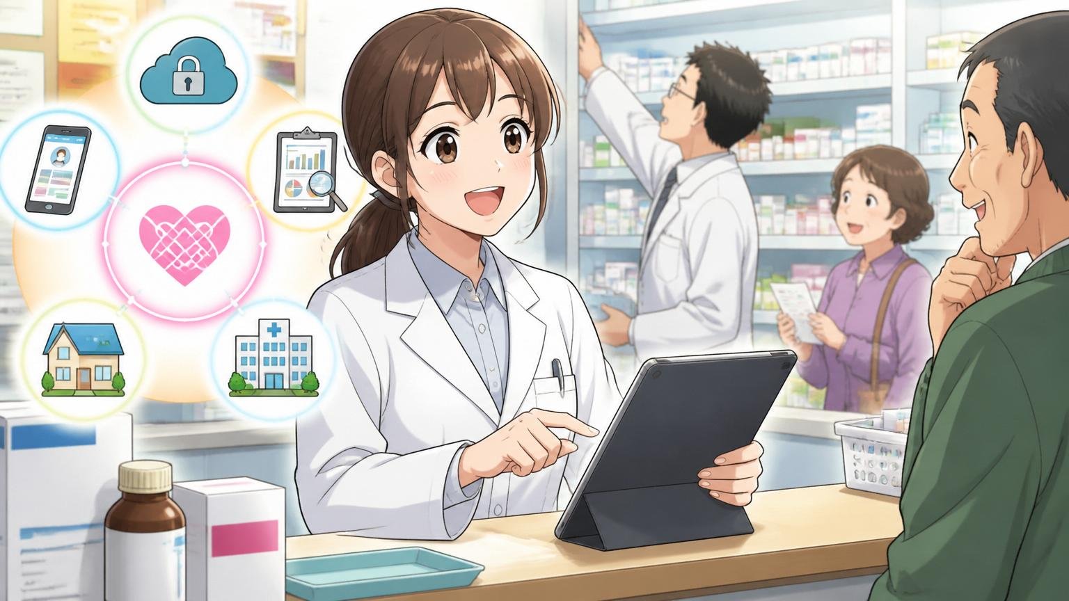 主力サービスMusubiと医療×ITの事業/薬局のカウンターでタブレットを操作する笑顔の薬剤師