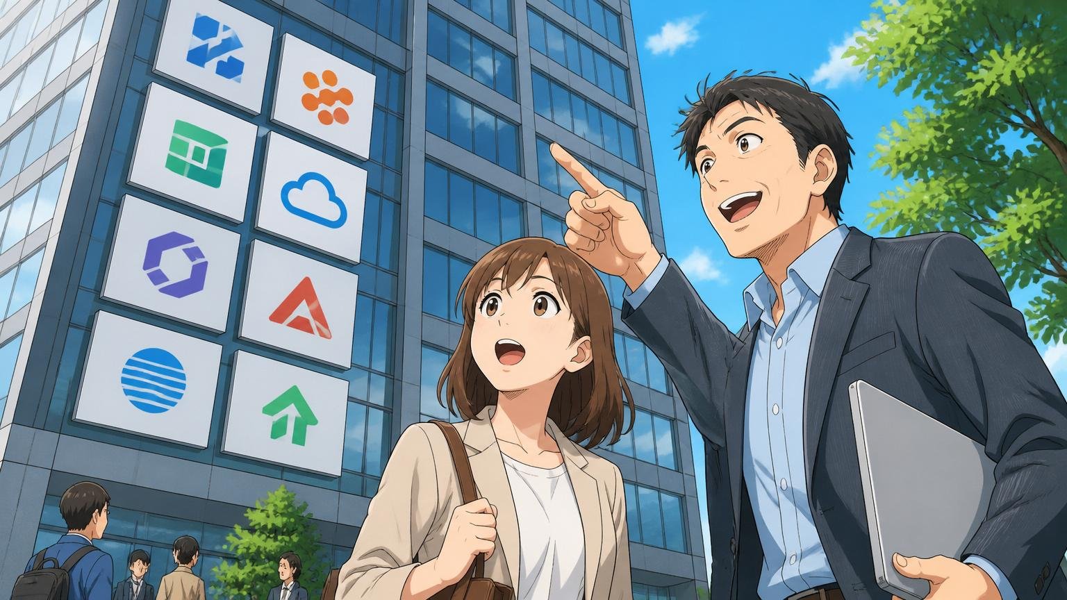 複数のIT企業のロゴが並ぶオフィスビルを見上げる中堅エンジニア女性とメンター男性