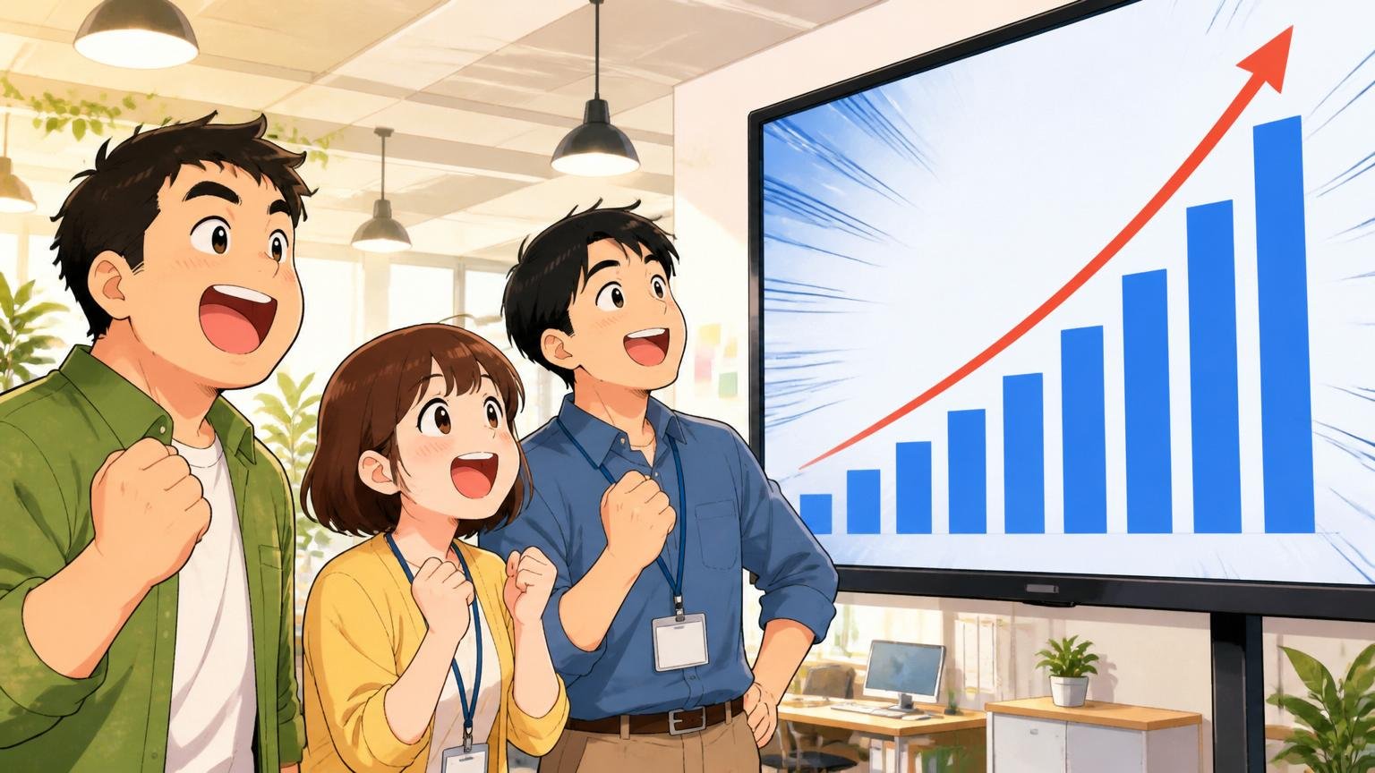 Web系SaaS企業の明るいオフィスで右肩上がりの売上グラフを大画面に映し笑顔で見上げて喜ぶ3名の社員