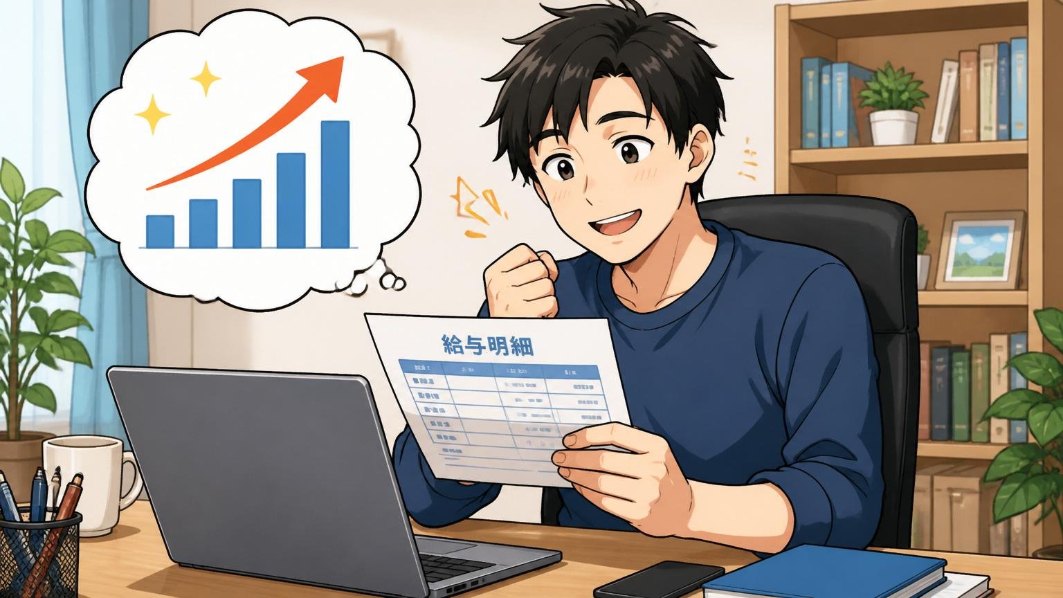 平均年収は上昇傾向。在宅勤務の自宅デスクでノートパソコンの給与明細を見て、ほっと安心した表情を浮かべる30代男性エンジニア