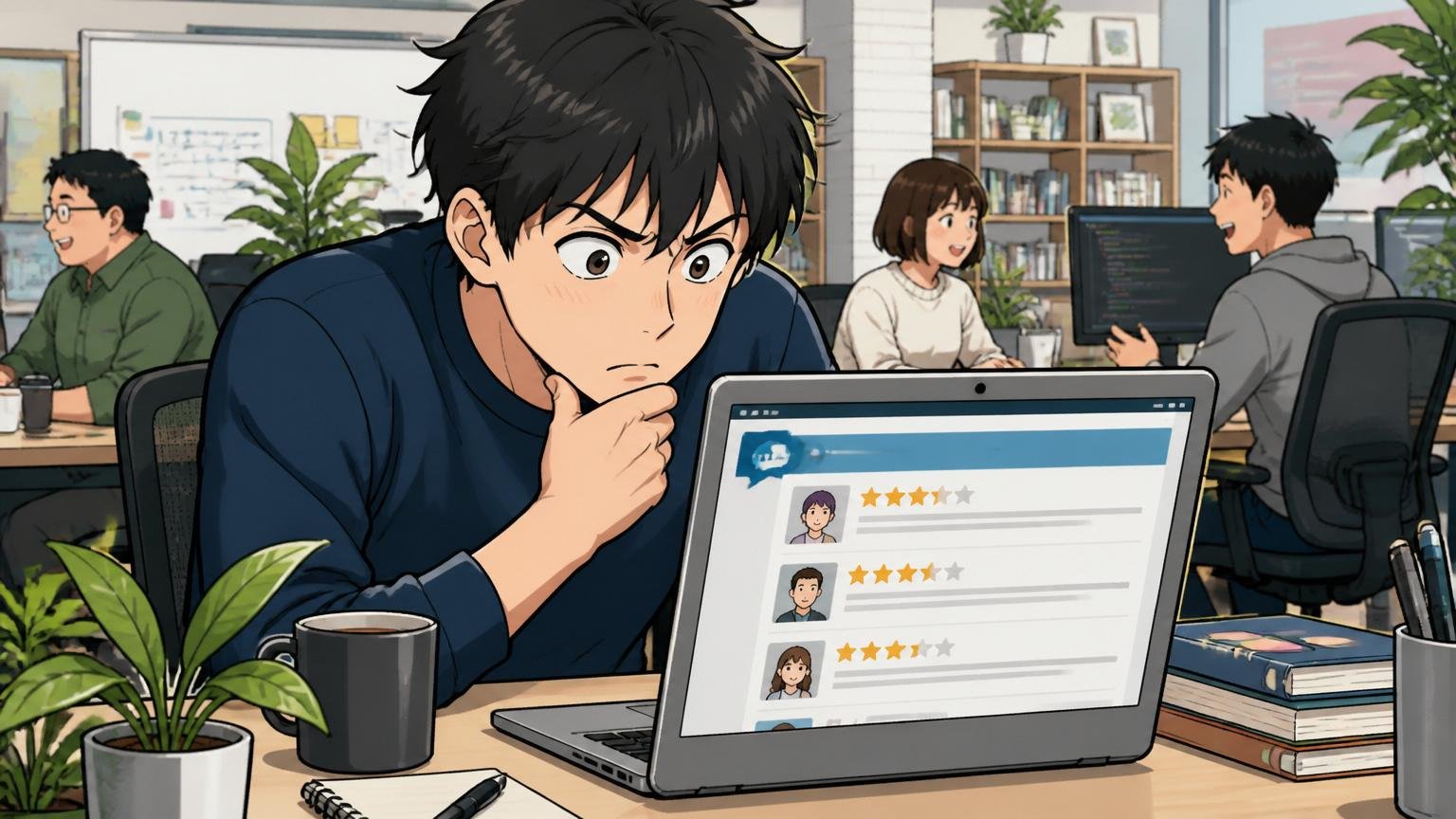 OpenWork総合評価3.5の意味。Web系スタートアップのオフィスで20代の社員がノートパソコンの口コミサイトを真剣に見ている