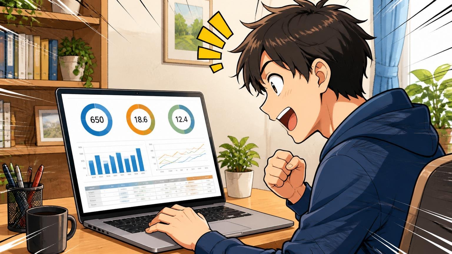 平均年収・残業・有給を数字で確認、自宅のデスクで在宅勤務、エンジニア1人、ノートPCで集計を見ている