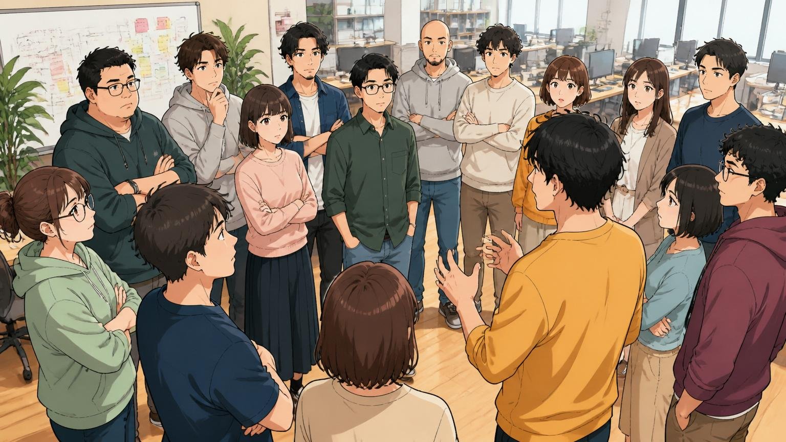 Web系スタートアップのフロアで朝会のために集まって輪になる15人のスタッフが真剣な表情で発言する一人を見つめる