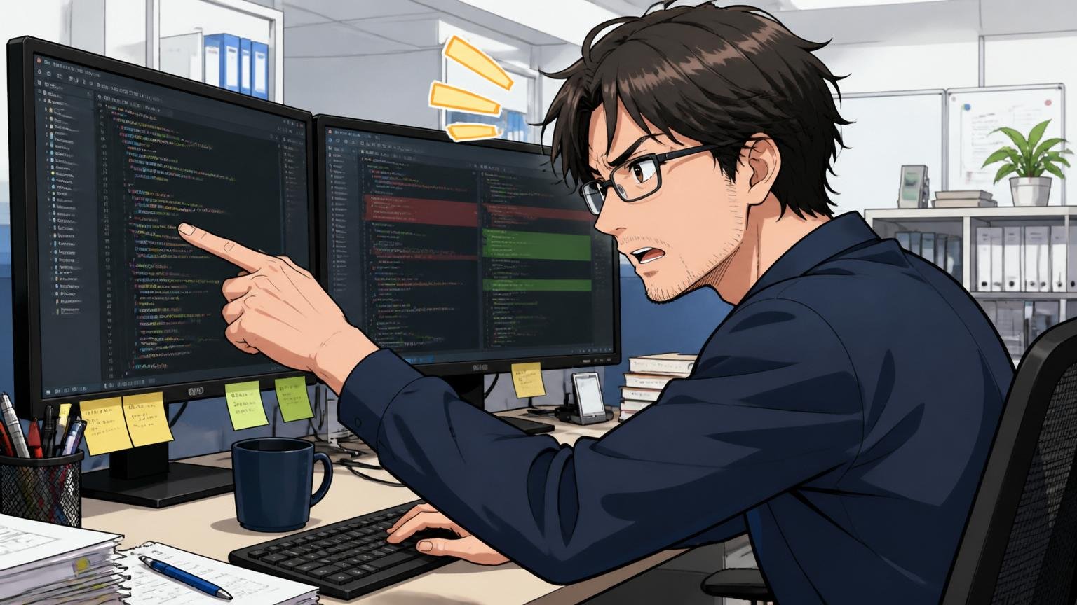SIerの開発現場でディスプレイを2枚並べたデスクで30代男性エンジニア1名がコードレビュー中の場面