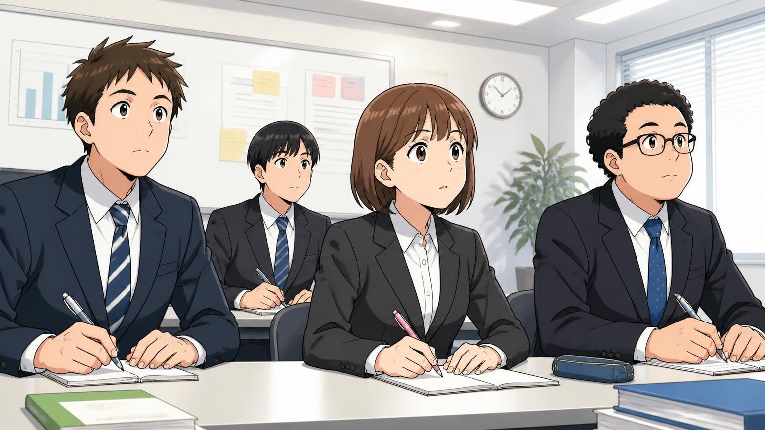 新人研修の様子/企業の研修ルーム/20代男女4人/講義を受けながらメモを取る