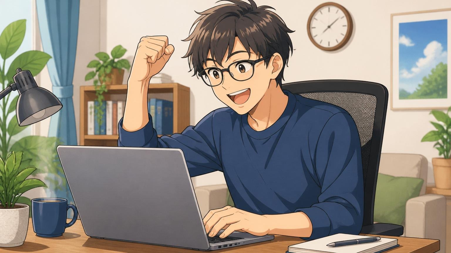 残業月29時間・有給120日以上・フルリモート可／自宅のデスクで在宅勤務／30代エンジニア1人／快適そうにノートPCで作業