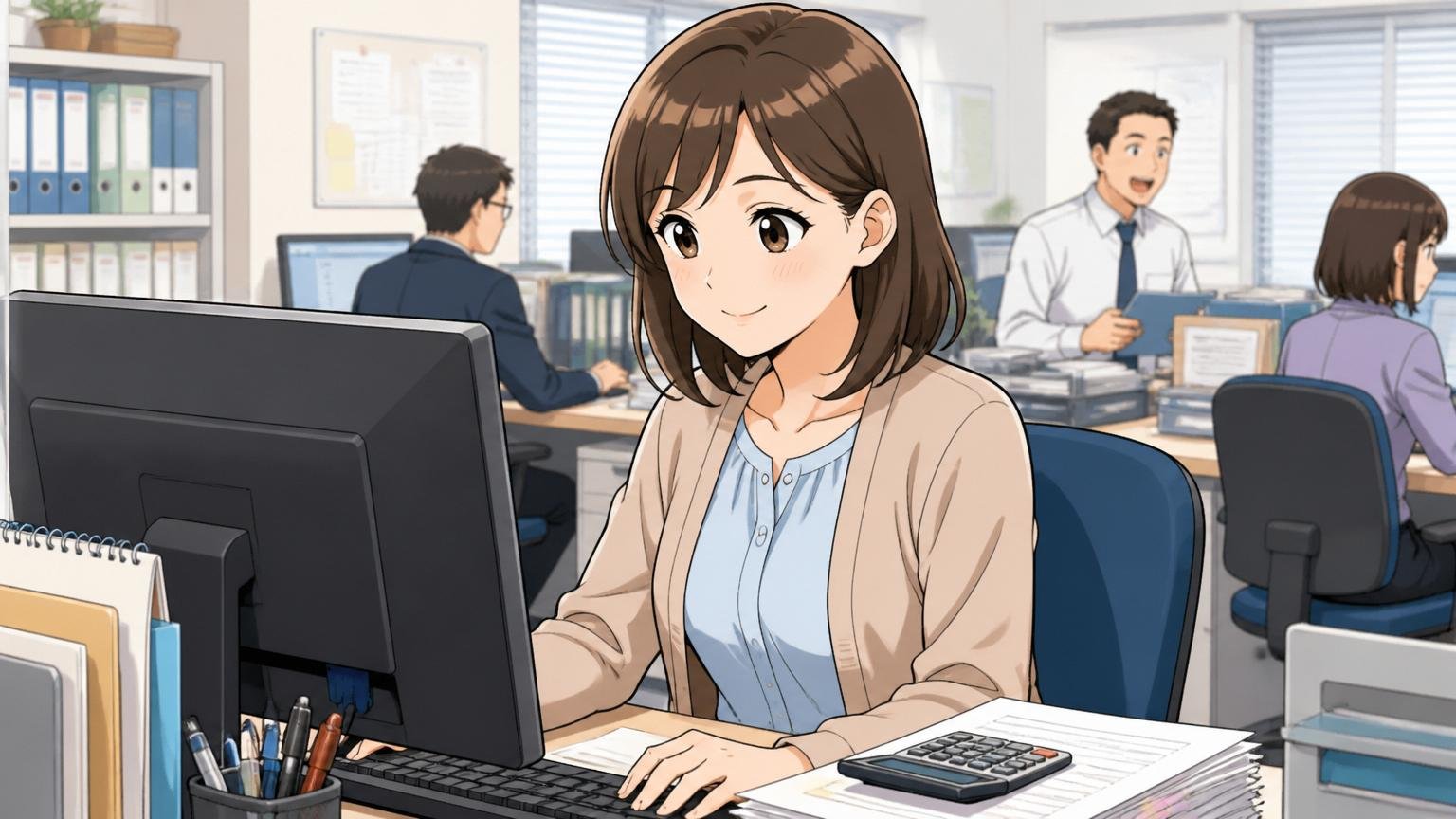会計ソフトを操作する経理担当者の職場、企業の経理部、30代女性社員1人、安心した表情でPC画面を見る