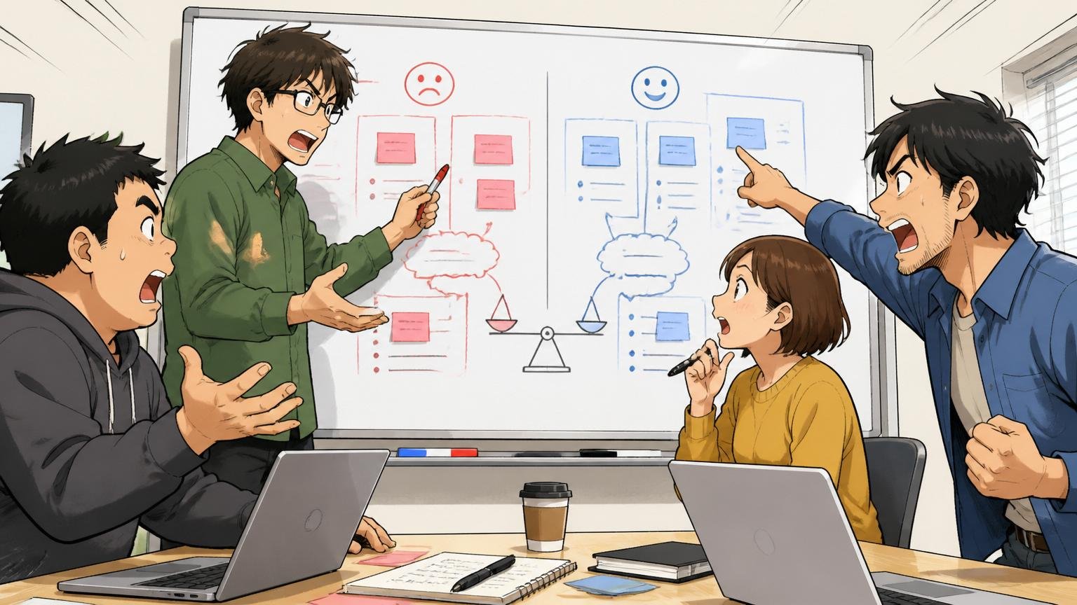 口コミの両論を冷静に整理するシーン。会議室で4人のエンジニアがホワイトボードを囲んで議論する