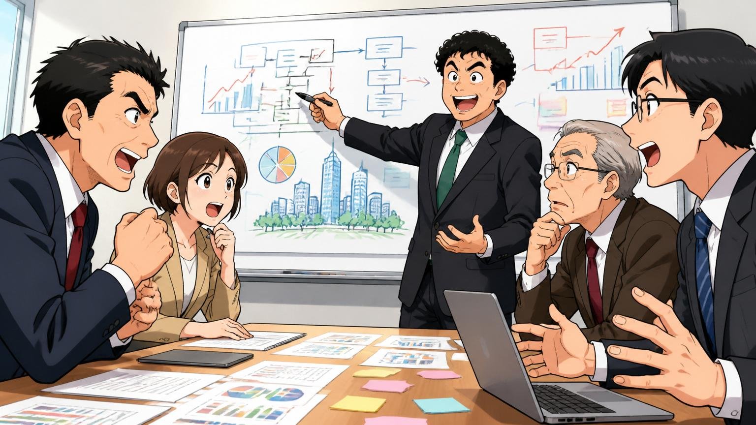 企業の役員会議室でホワイトボードを使って長期戦略を議論する経営者と社員