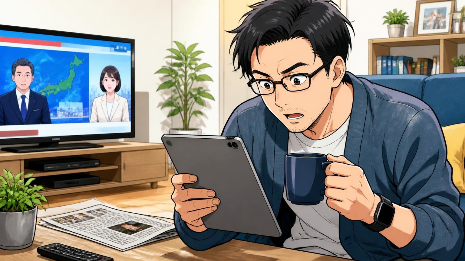 自宅のリビングで朝のニュースを見ながらタブレットでZEALSの記事を読む40代男性ITコンサルタント