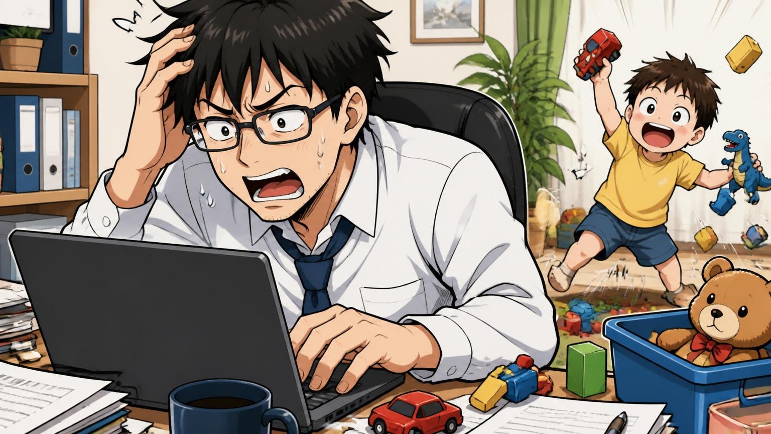 ポジティブやばい派の具体的な悩み。自宅のデスクで在宅勤務する家庭持ち男性SE1名と子供のおもちゃ