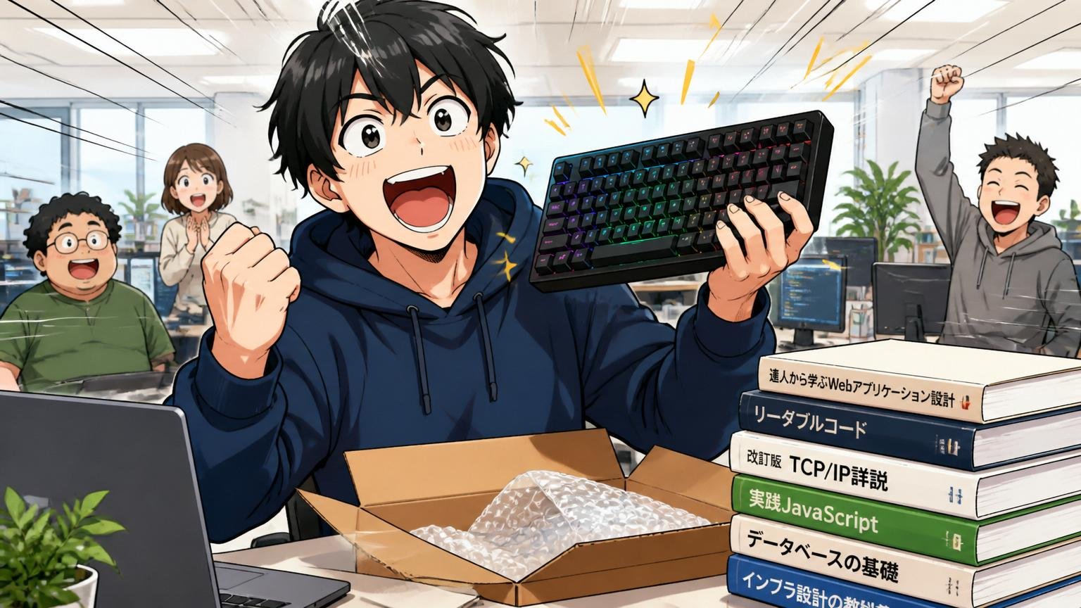 Web系メガベンチャーのオフィスデスクでエンジニアが新しいキーボードと技術書を前に喜んでいる場面