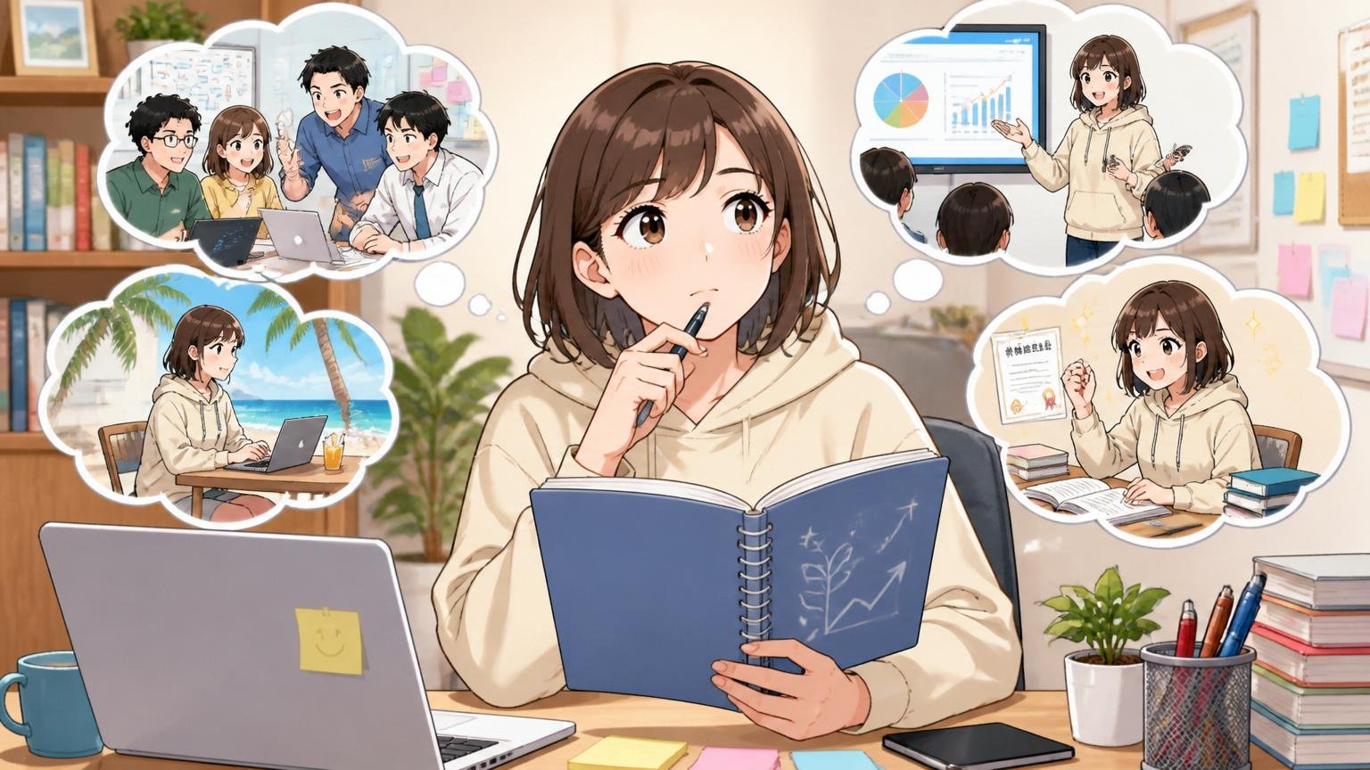 自宅のデスクで在宅勤務する30代女性エンジニアがキャリアノートに向き合い未来を考える
