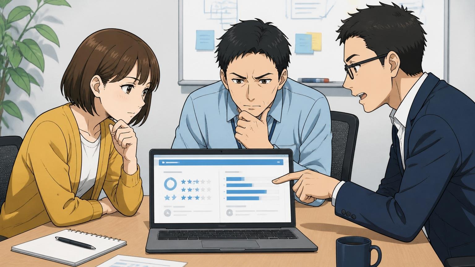 第三者評価をフラットに見る。SIerの会議室で女性社員1人と男性社員2人がノートPCのOpenWork評価画面を見ながら冷静に議論している