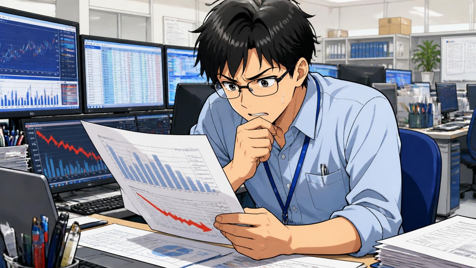 営業利益37.8%減益 半導体商社のフロアでエンジニア1人が決算資料を凝視する