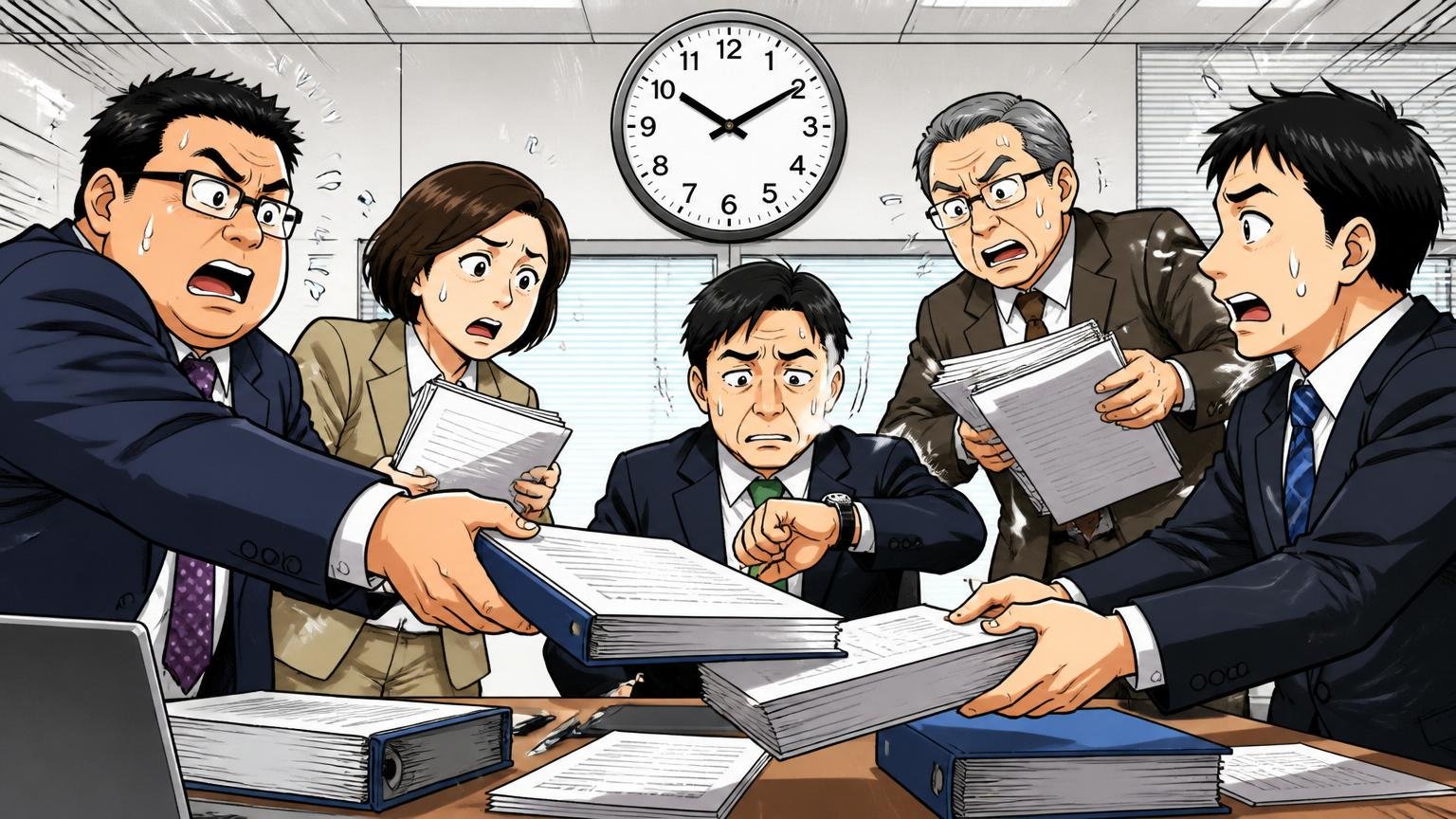 意思決定の遅さ。大企業の会議室で資料を抱えた複数人が稟議書を回し時計を気にする場面