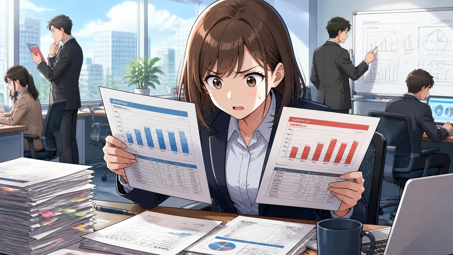外資コンサルティングファームのオフィスフロアでスーツ姿の20代女性コンサルタント1人、競合他社の年収資料を見比べる
