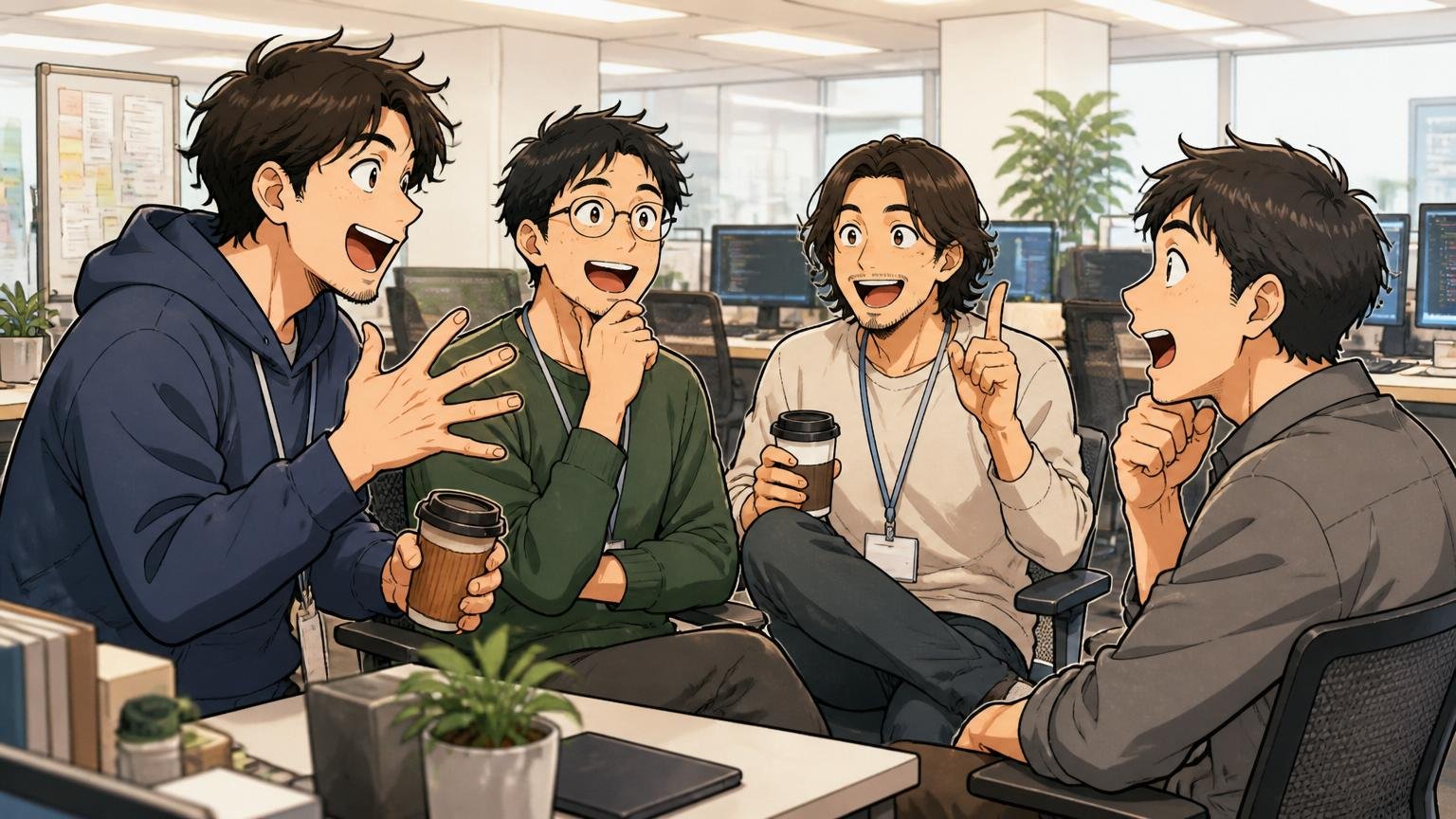 Web系事業会社のオフィスフロアで、30代のエンジニア4人がランチ後にコーヒー片手にキャリアの話をしている
