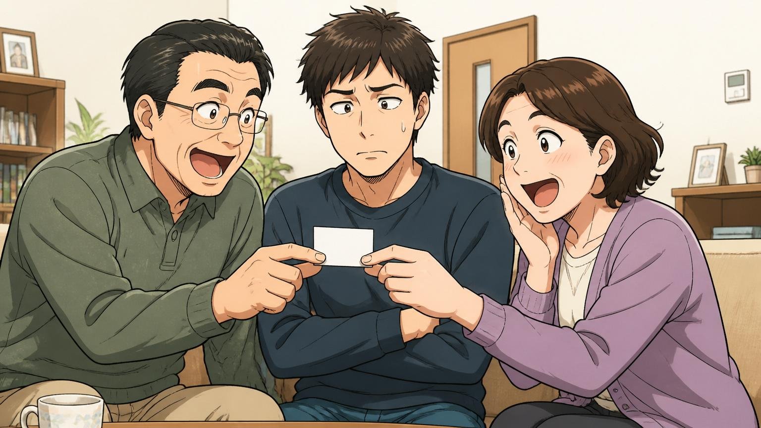 自宅のリビングで30代男性が両親と会話、両親が誇らしげな表情で名刺を見ているがエンジニア本人は微妙な表情をしている