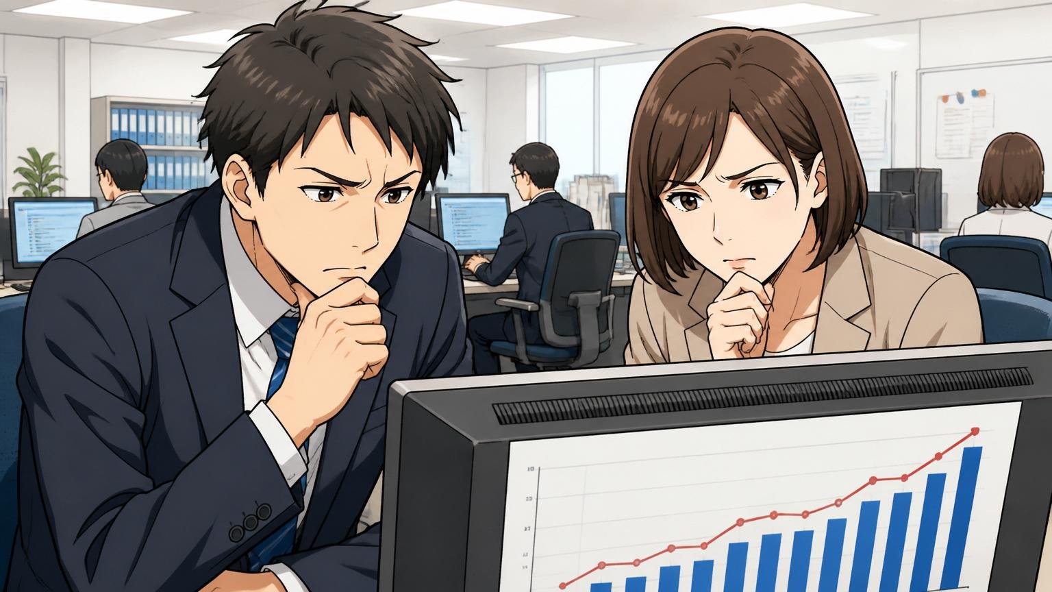 SIerのオフィスで業界平均年収との差を示すグラフを真剣に見つめる30代男女2人