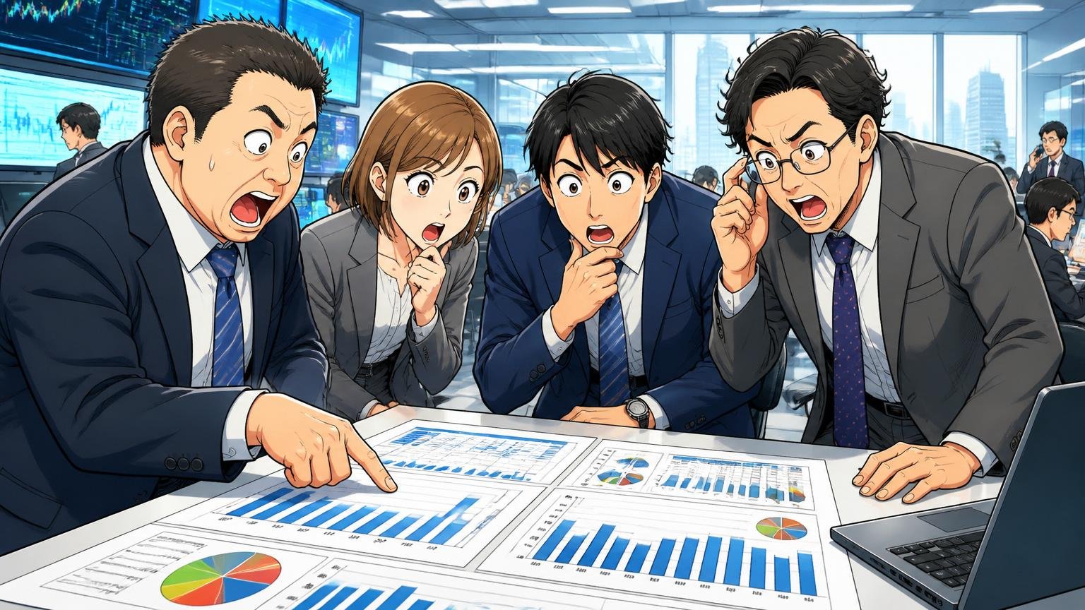 投資銀行のフロアのような近未来的なオフィスで複数企業の年収比較資料を見比べる4名のビジネスパーソン