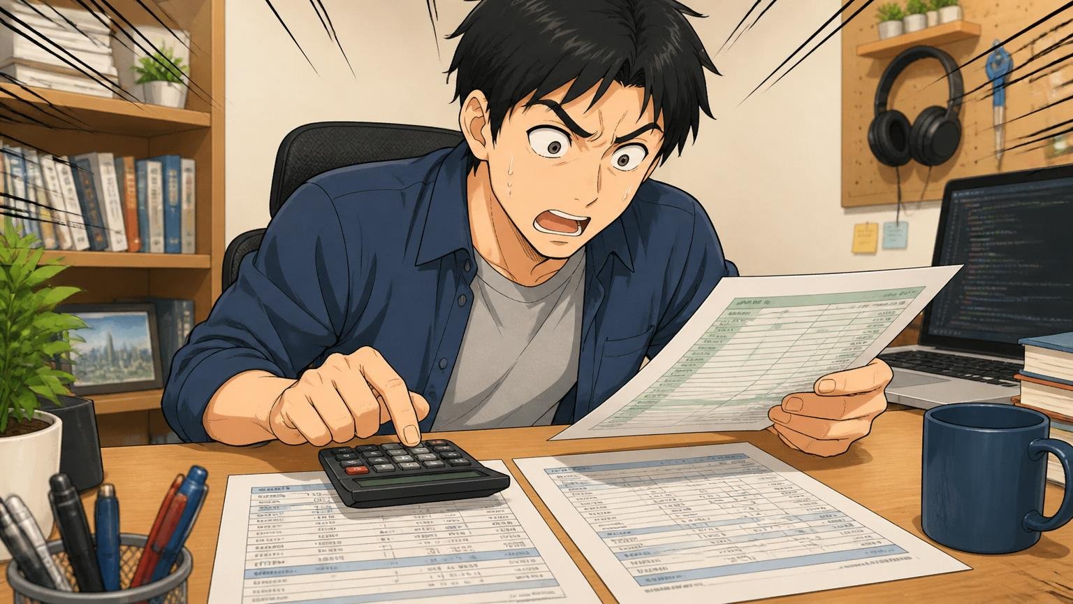 年収の中身を分解 自宅のデスクで給与明細と賞与明細を並べて電卓を叩く30代男性エンジニア
