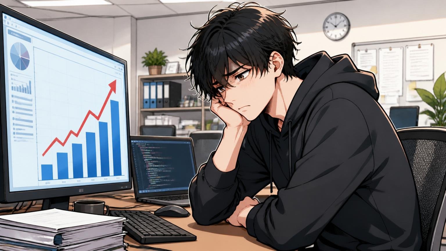 企業のオフィスで上昇する年収データを見ても表情が晴れないゲーム開発エンジニア1人