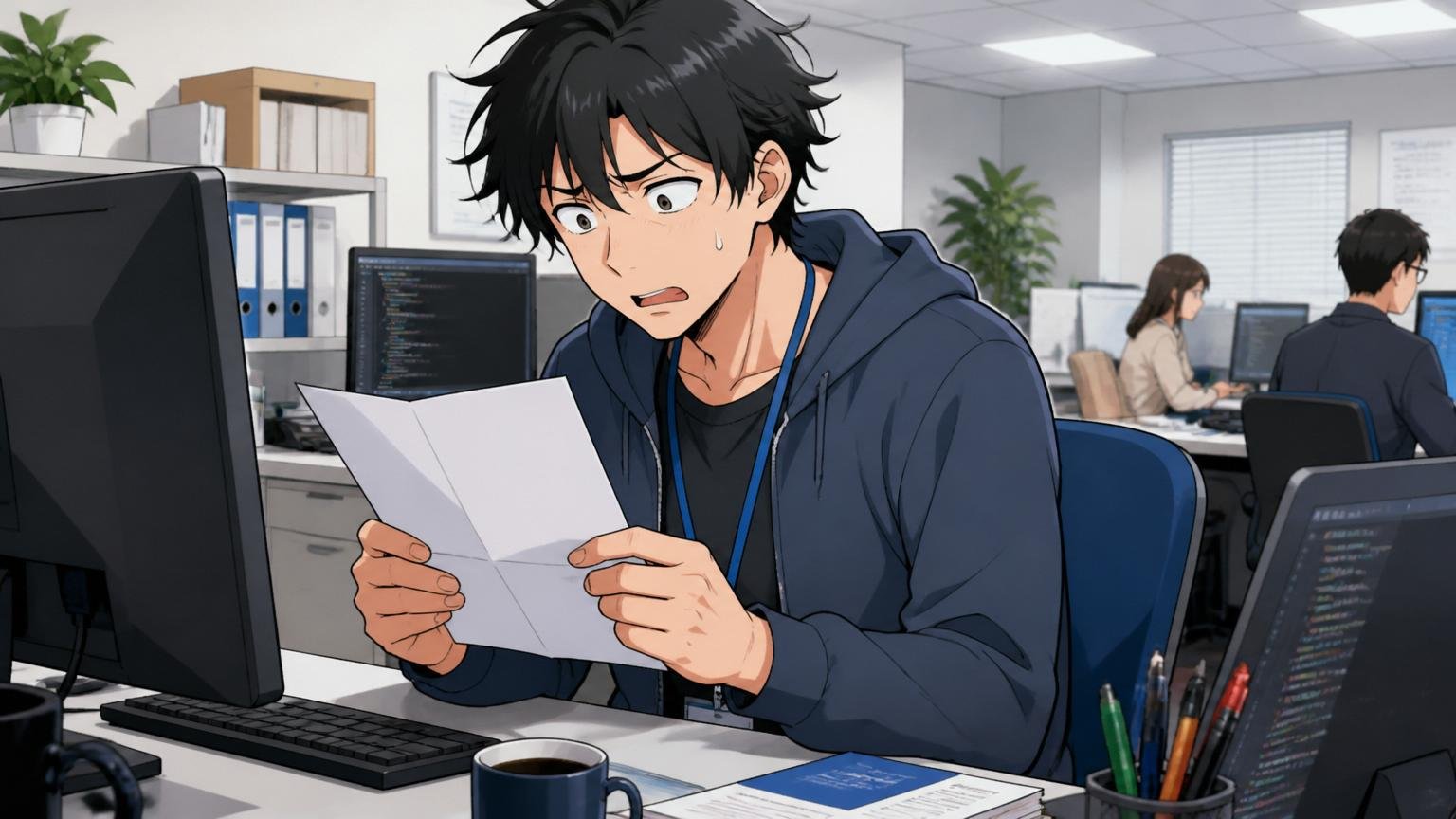 「年俸制と評価制度の上がりにくさ」IT企業の自席で年俸通知書を手に困惑する男性エンジニア1人