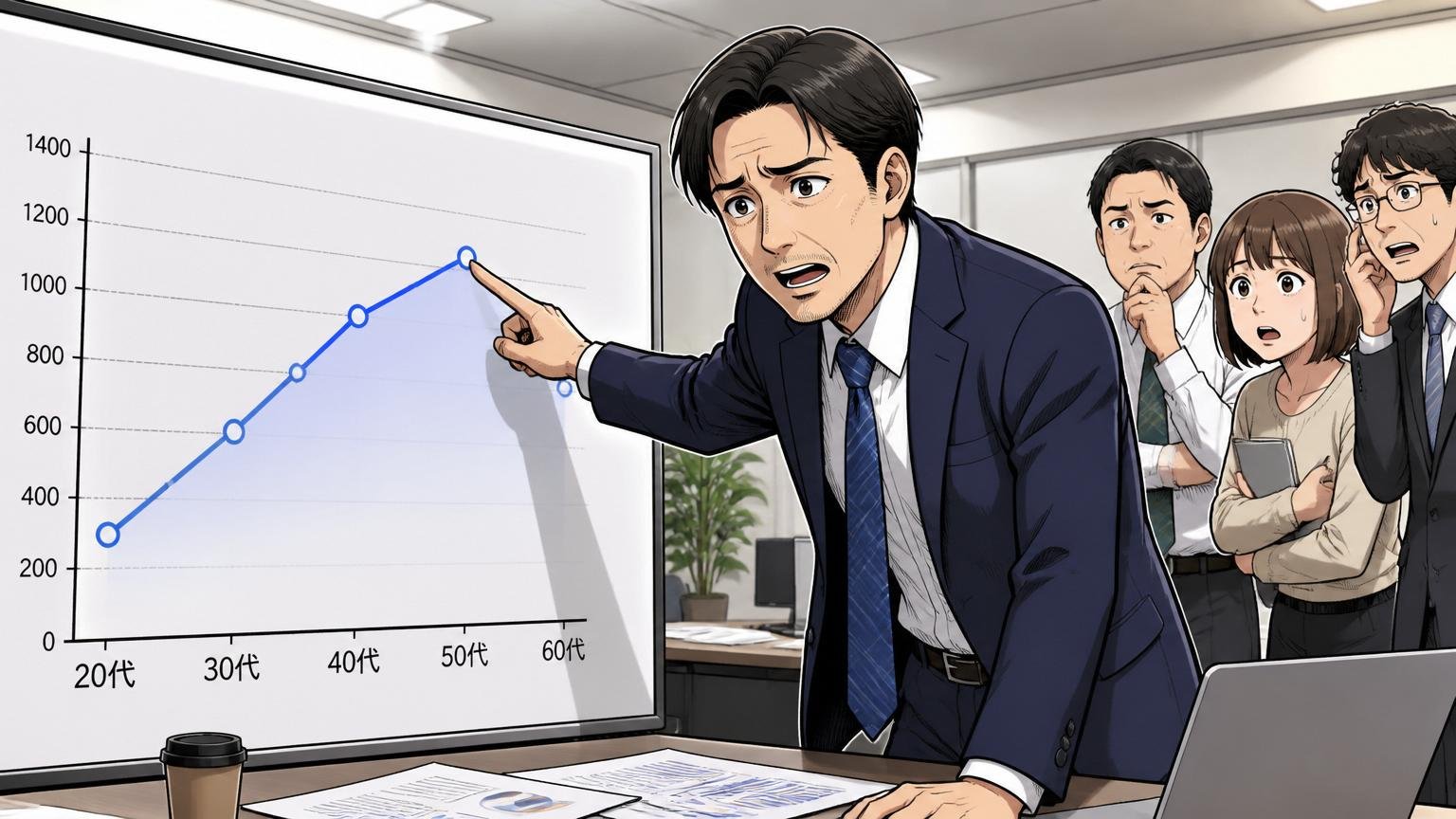 ADKの年齢別年収カーブを確認する。広告代理店のオフィスで年齢別グラフを指差す中堅社員、神妙な表情