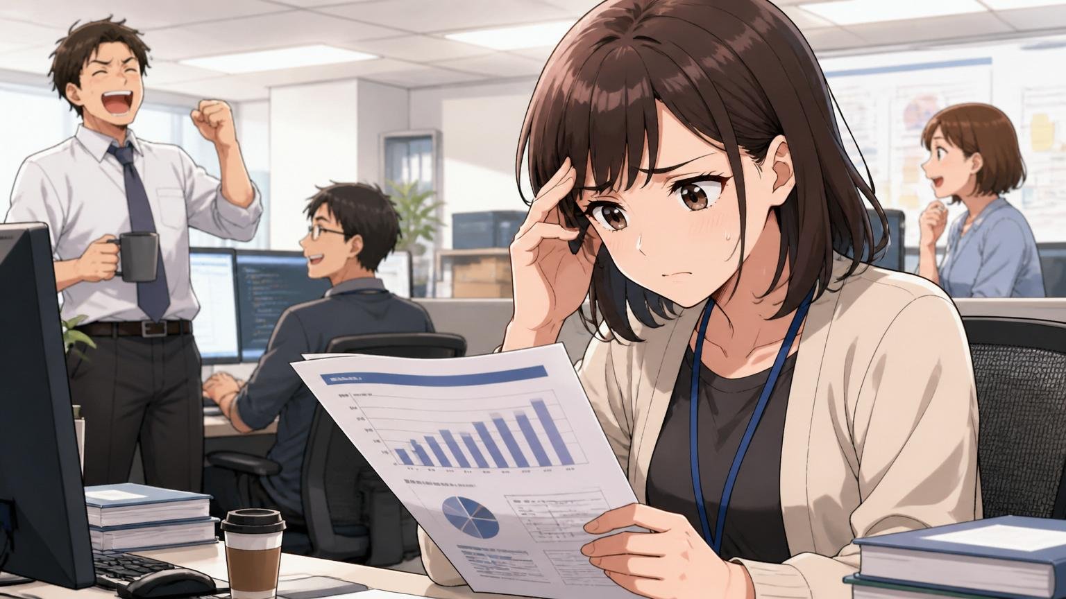成果と給与が釣り合わない割り切れなさ。IT企業のオフィスで女性エンジニア1人が成果資料を手に複雑な表情